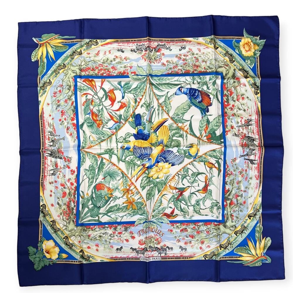 Hermes Paris Tropiques 90 Silk Carre Scarf Blue Tropical Bird 35 Square France - Picture 1 of 16